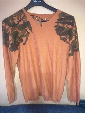 Jack Jones Rust Orange Crewneck Sweater with Olive Camo Shoulders